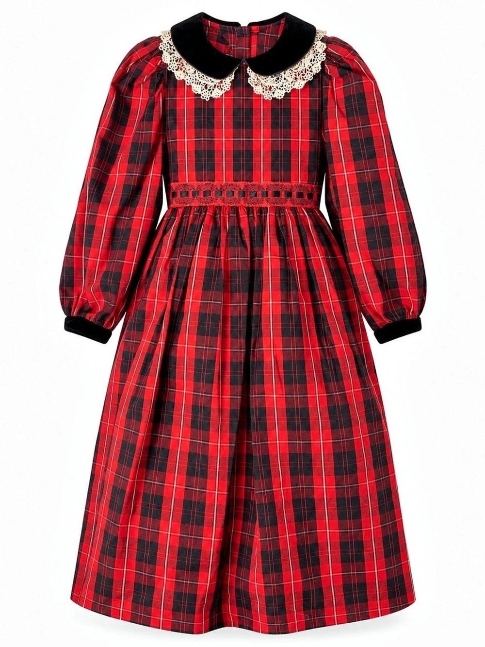 Vintage Mousefeathers Girls 6X Tartan Plaid Christmas Holiday Velvet Lace Dress